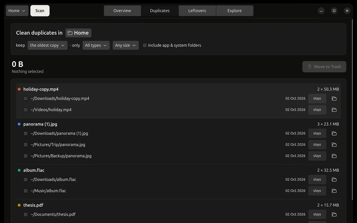 Dataclean Duplicates view: groups of identical files such as holiday.mp4 and panorama.jpg, each listing its copies with one marked as staying.