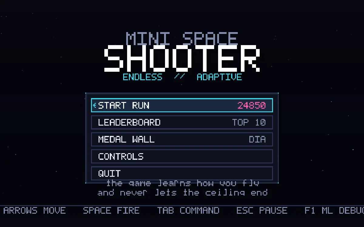 Mini Space Shooter title screen: pixel-art logo, menu with Start Run, Leaderboard, Medal Wall, Controls and Quit.