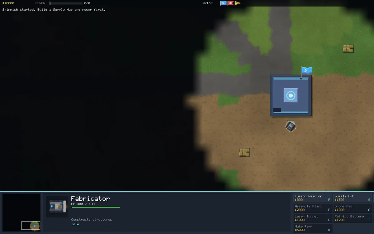 One Hour in play: a Cyber Army Command Core and Fabricator on a fogged map with the build panel below.