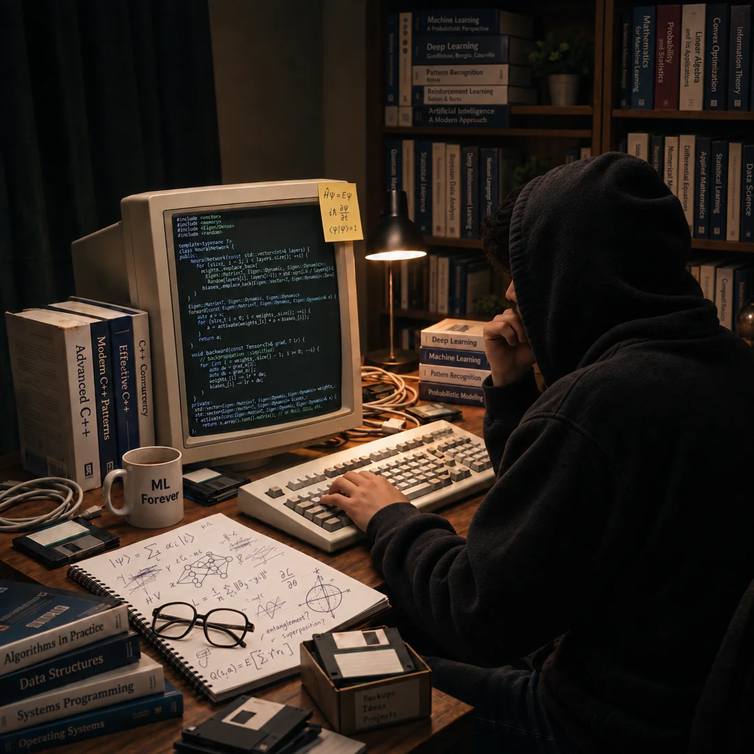 Yemre in a hoodie working at a vintage CRT computer, surrounded by machine-learning and C++ books under a desk lamp.
