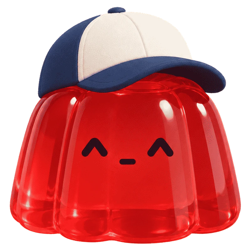Jell-omo, the site's mascot: a glossy red jelly wearing a navy and cream baseball cap, eyes closed in a contented smile.